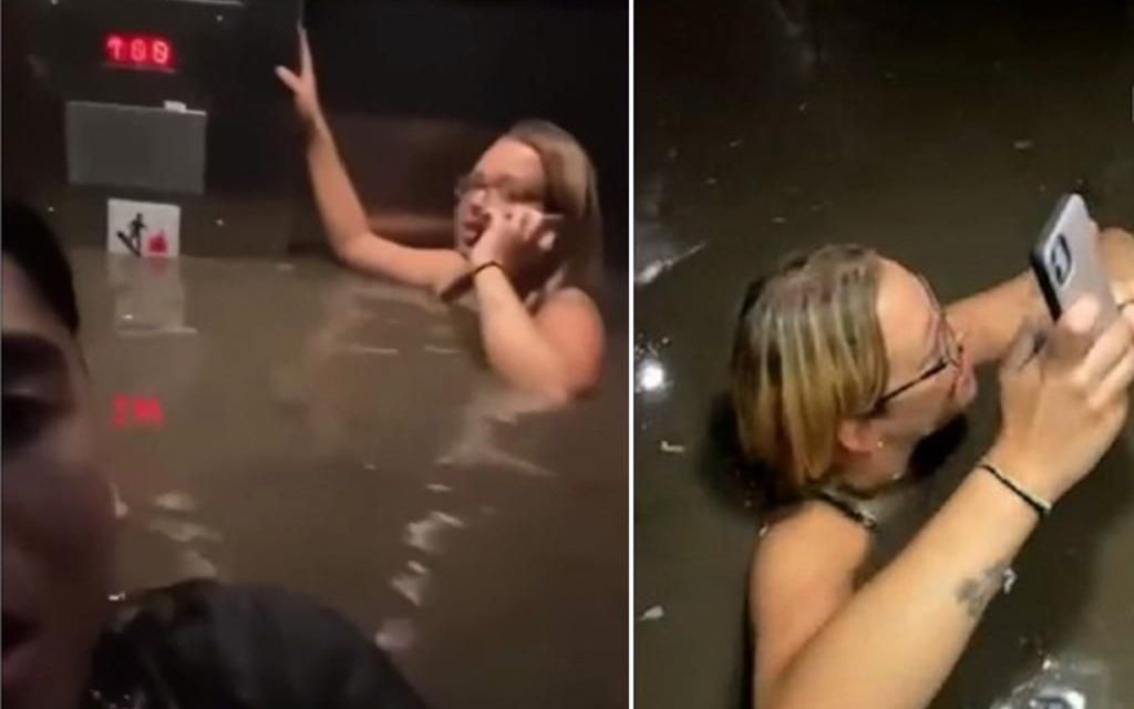 Con agua hasta el cuello; se quedan encerrados en elevador (video)