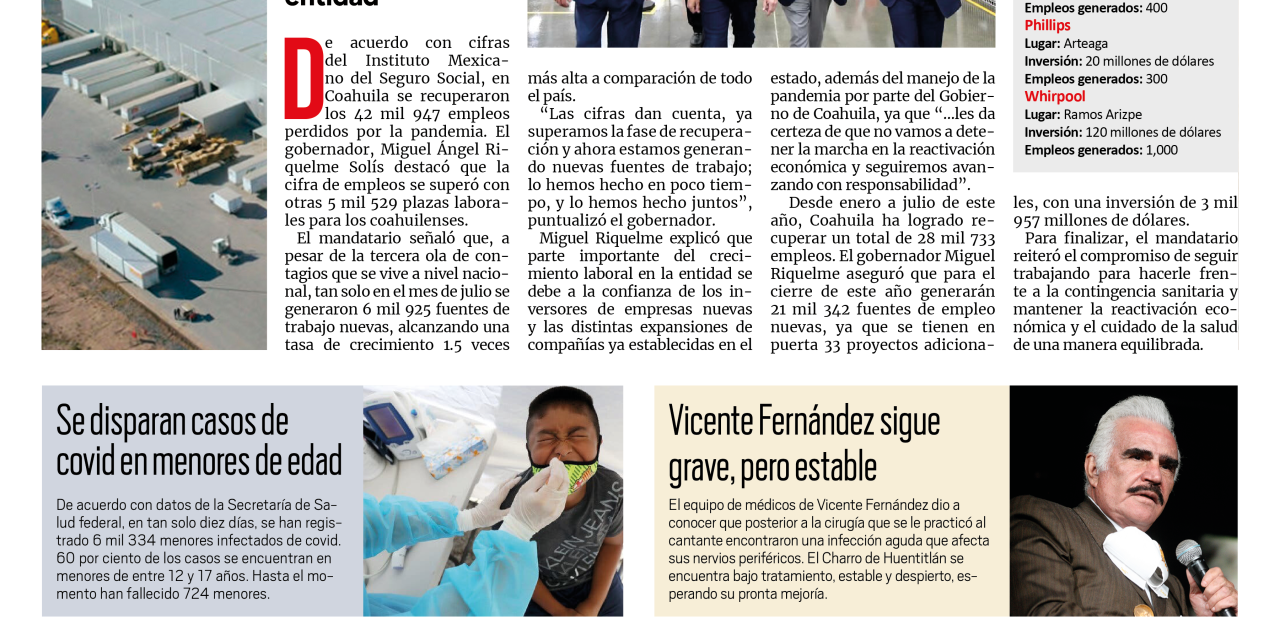 Portada [14 de agosto de 2021]  Coahuila recupera la totalidad de los empleos; Manolo exporta buenas prácticas a Sabinas y más…