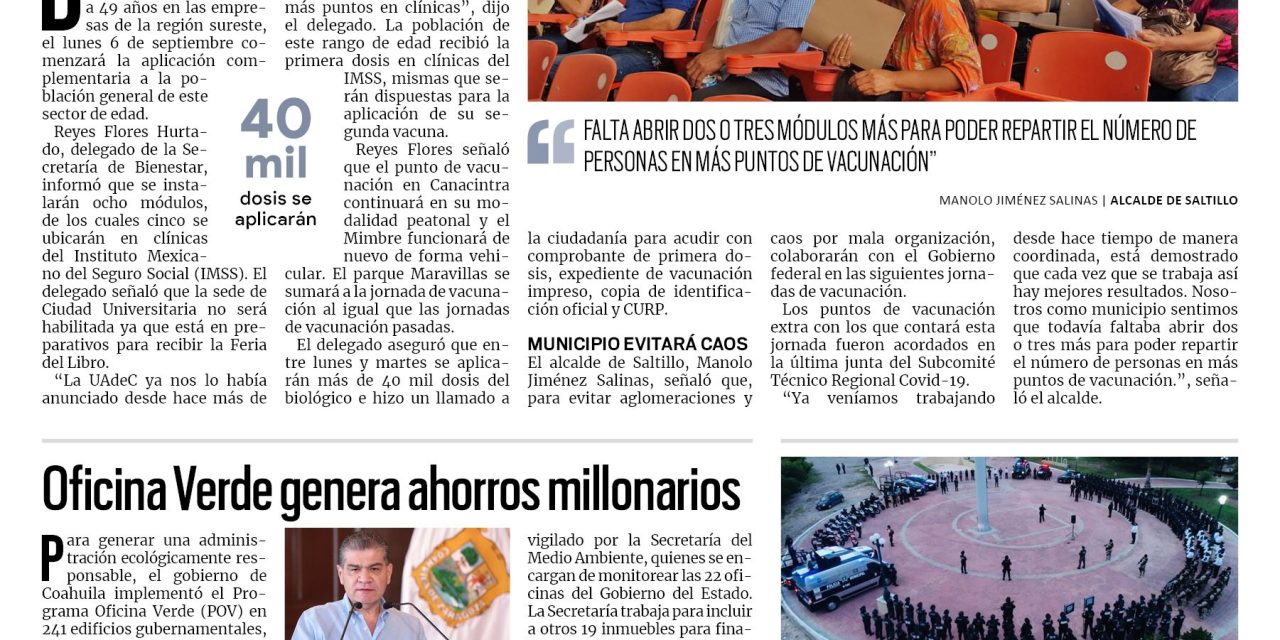 Portada [5 de septiembre de 2021] Abren más módulos para segunda dosis; Oficina Verde genera ahorros millonarios, y más…