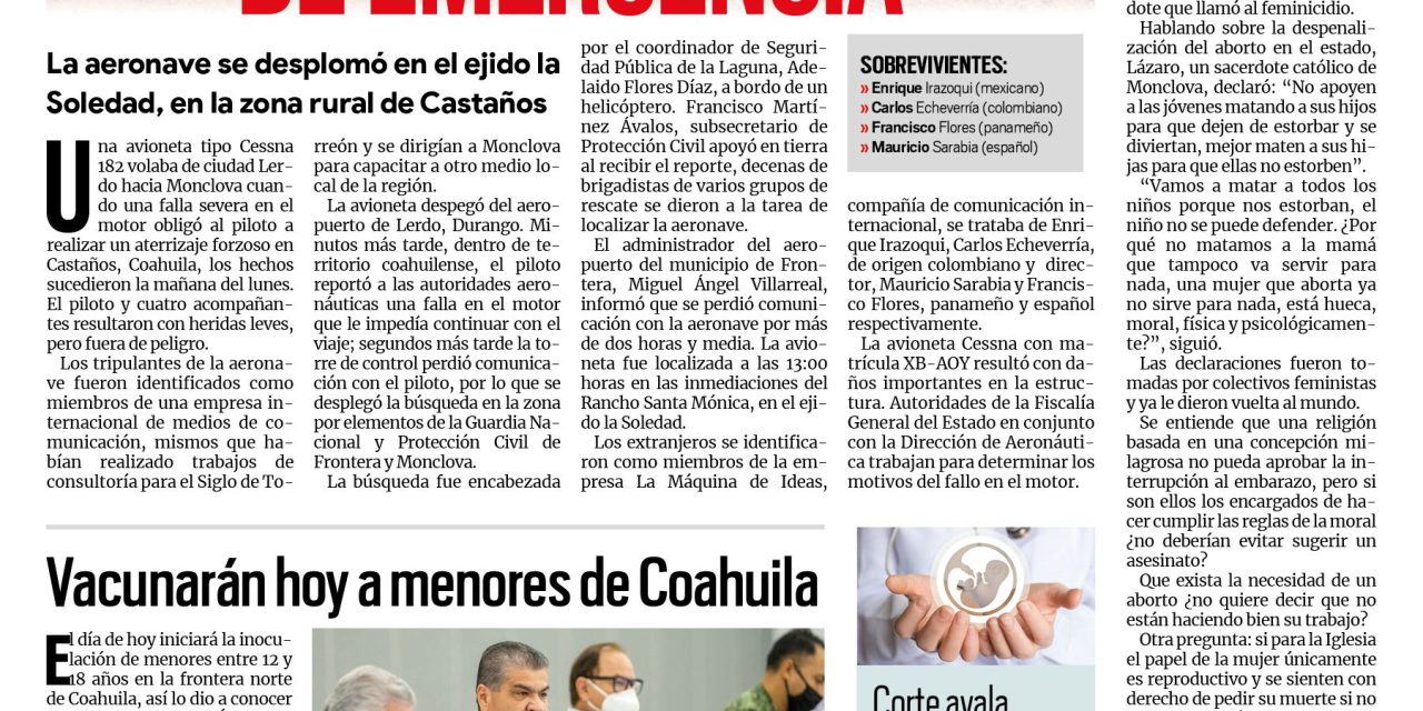 Portada [14 de septiembre de 2021] Sobreviven aterrizaje de emergencia; vacunarán hoy a menores de Coahuila, y más…