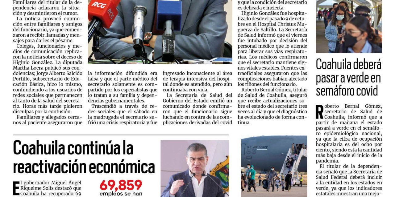 Portada [24 de octubre de 2021] Desmienten muerte de Higinio González; Saltillo tiene policía efectiva, y más…