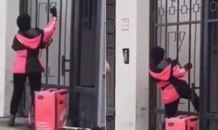 ¡El pedido llega porque llega!; repartidora se las ingenia con un portón cerrado (fotos)