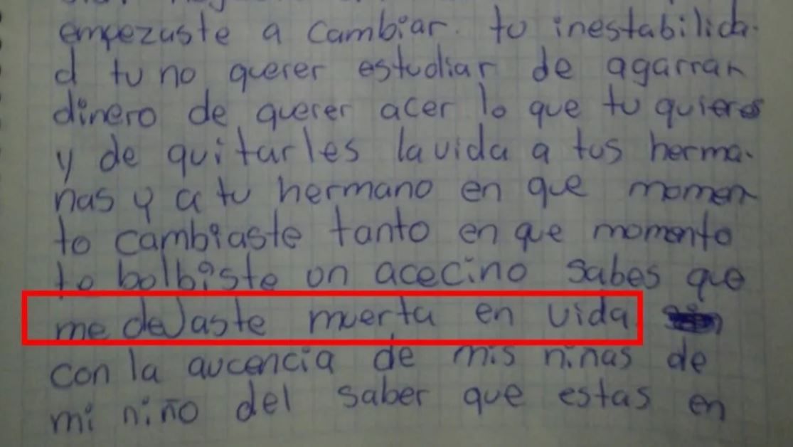 ‘Me dejaste muerta en vida’; carta de la madre de un feminicida