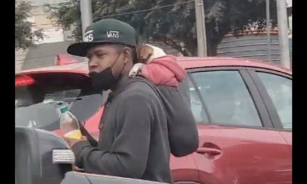Limpiaparabrisas ‘saca para la papa’ mientras carga a su perrito en la espalda