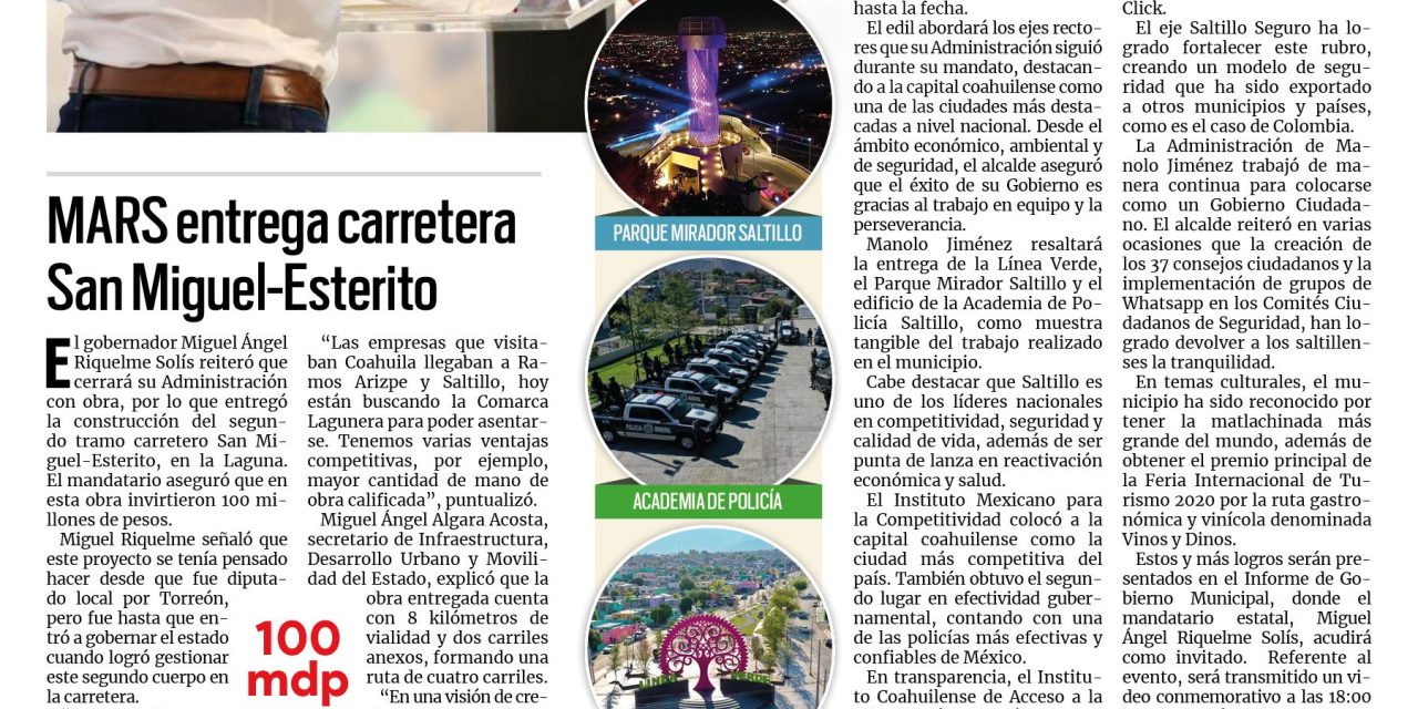 Portada [7 de diciembre de 2021]Manolo Jiménez presenta Cuarto Informe Municipal; MARS entrega carretera San Miguel-Esterito y más…