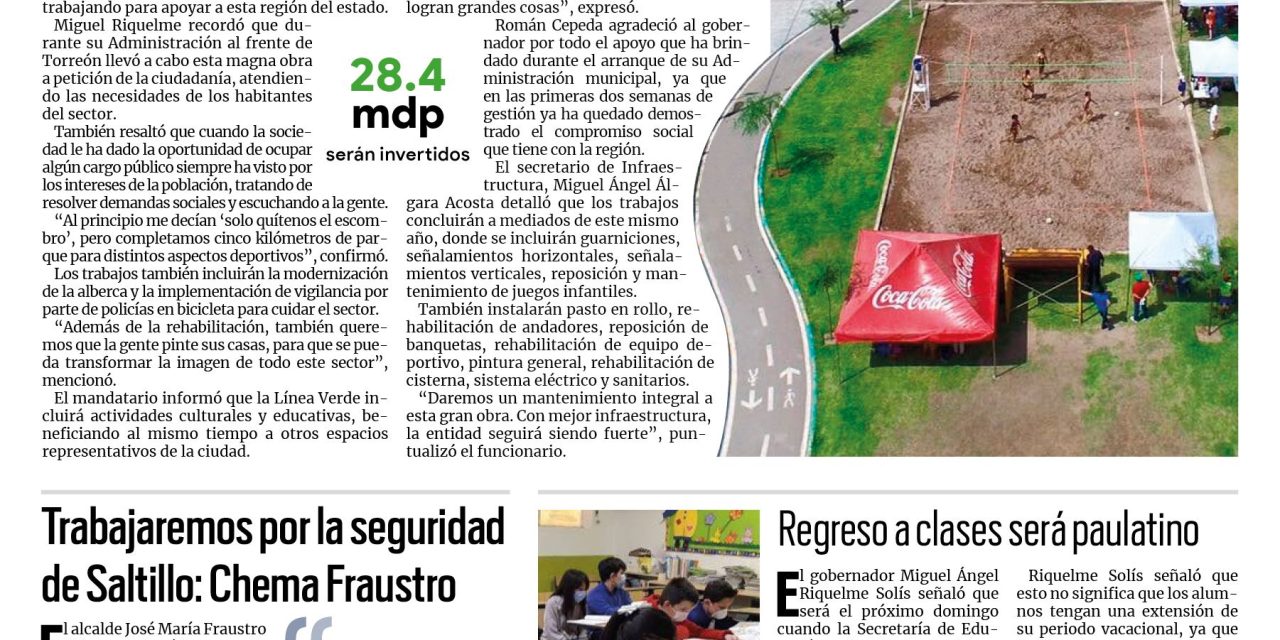 Portada [15 de enero de 2022] Rehabilitarán Línea Verde en Torreón; trabajaremos por la seguridad de Saltillo: Chema Fraustro y más…