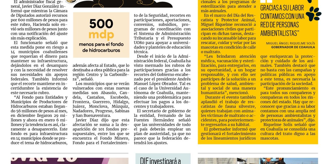 Portada [19 de enero de 2022] Nuevo recorte al presupuesto de infraestructura ; Respaldan a rescatistas y protectores animales y más…