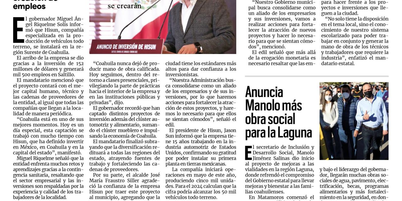 Portada [2 de febrero de 2022] Anuncian la llegada de Hisun a Coahuila; ‘se fortalecerán las inversiones en Saltillo’ y más…