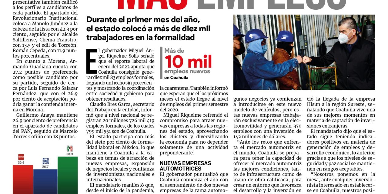Portada [8 de febrero de 2022] Coahuila genera más empleos; Municipio reestructura Policía Ambiental  y más…