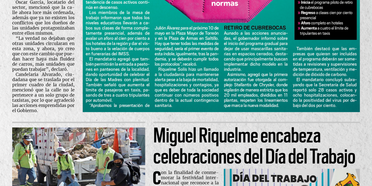 Portada [3 de mayo de 2022] Aprueban actividades y dicen adiós al cubrebocas; Miguel Riquelme encabeza celebraciones del Día del Trabajo y más…
