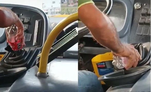 Chofer ‘pierde’ su palanca de velocidades y utiliza una botella de refresco para conducir (video)