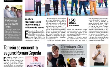 Portada Región Laguna [16 de junio de 2022] Alcalde mejora plaza y entrega techumbre en Torreón; Torreón se encuentra seguro y más…