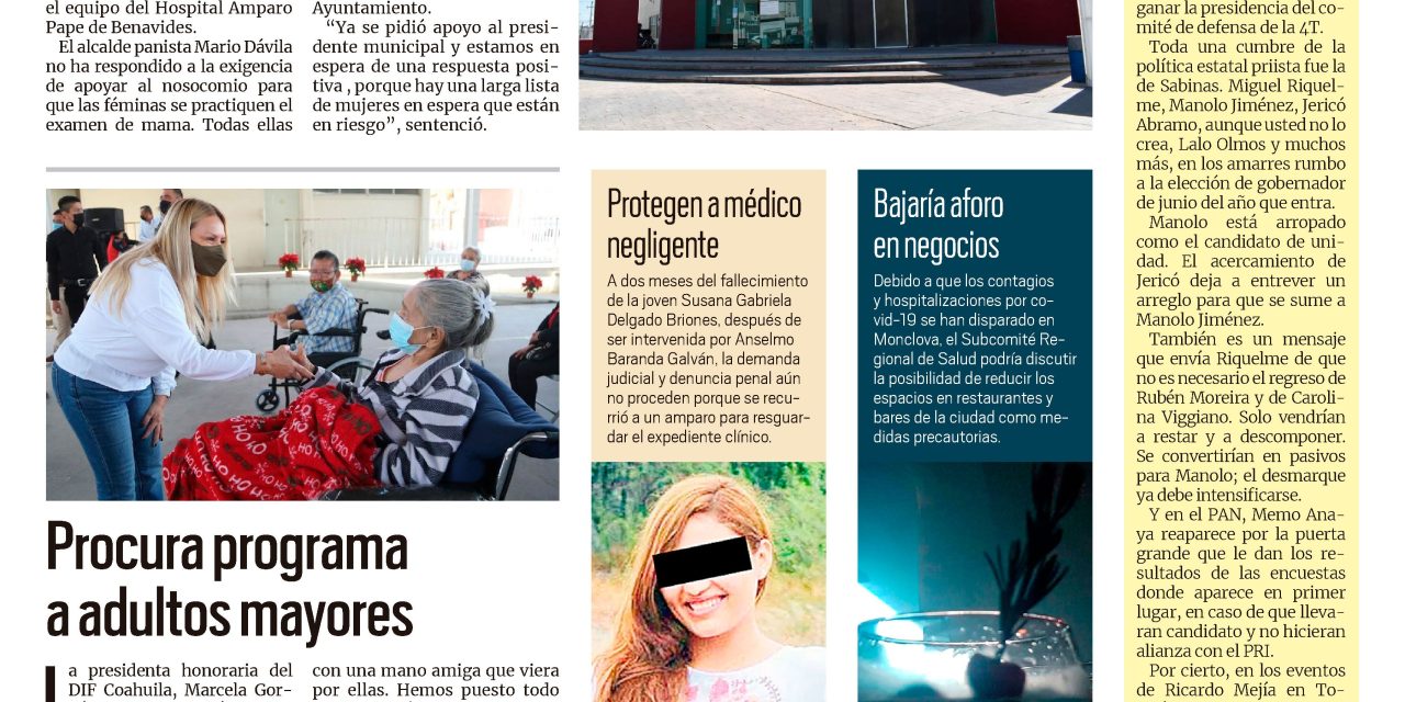 Portada Región Centro [18 de julio de 2022] Sin mamografías hospital de Monclova; Procura programa a adultos mayores  y más…
