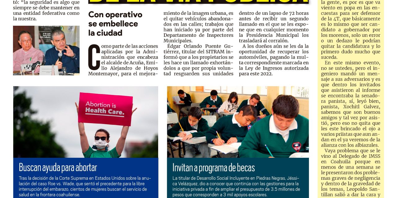 Portada Región Fronteriza [23 de julio de 2022] Retiran autos de la vía pública; Salvan a dos menores de moriry más…