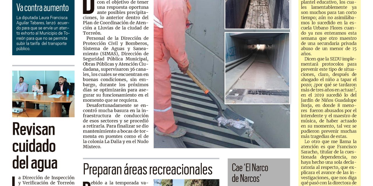Portada Región Lagunera [16 de julio de 2022] Inspeccionan infraestructura pluvial y sanitaria; Revisan cuidado del agua y más…