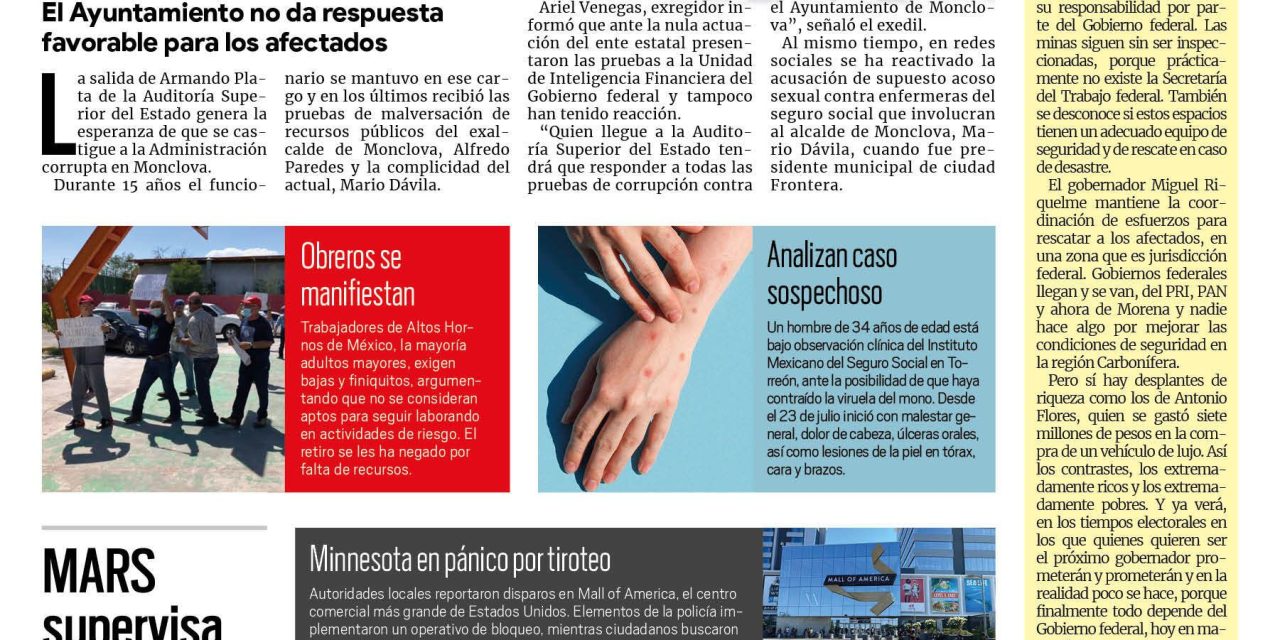 Portada Región Centro [05 de agosto de 2022] Que aplique la ley contra Paredes y Dávila; y más…