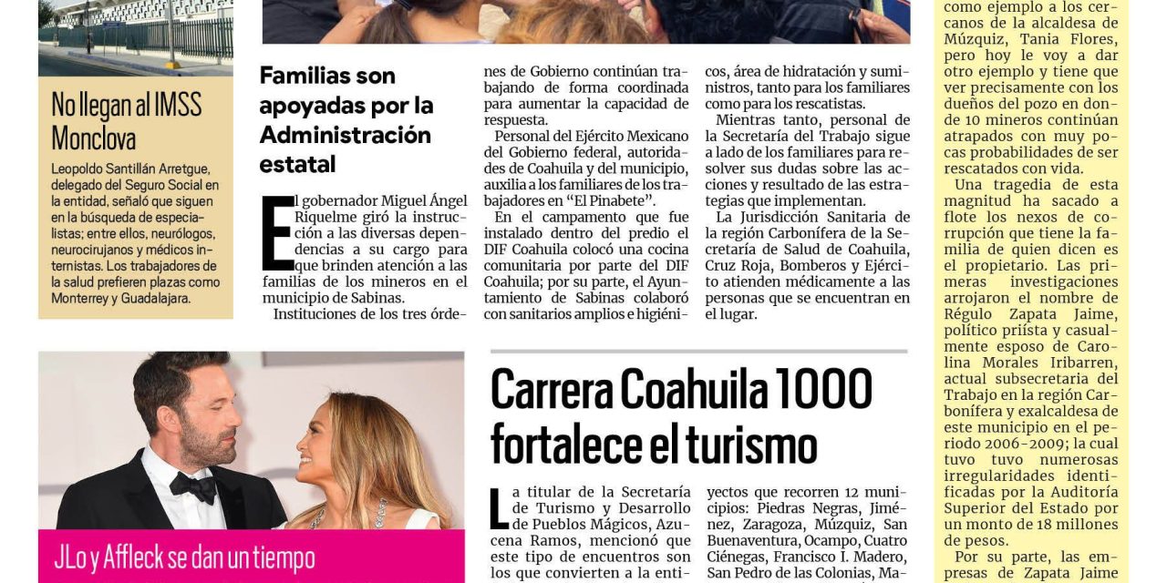 Portada Región Centro [07 de agosto de 2022] Atienden a familias en la zona de la mina en Sabinas y más…