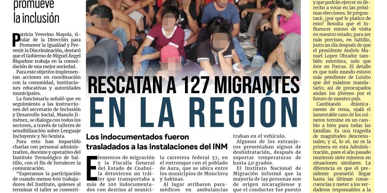 Portada Región Centro [14 de agosto de 2022] Rescatan a 127 migrantes en la en la carretera 57; y más…..