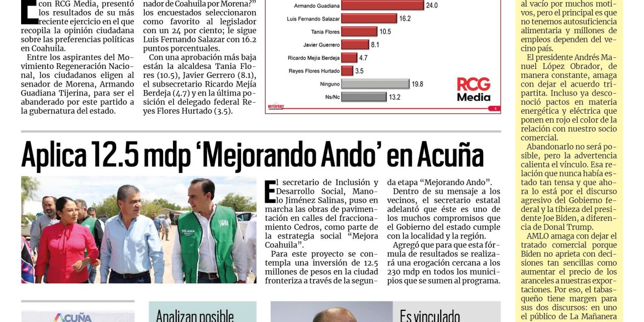 Portada Región Fronteriza [25 de agosto de 2022] Aplica 12.5 mdp ‘Mejorando Ando’ en Acuña; liderea Guadiana interna de Morena rumbo al 2023, en Coahuila; y más…