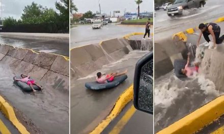 Quería divertirse pero la corriente se lo llevó; circula video de hombre paseando en inflable de arroyo en Nuevo León