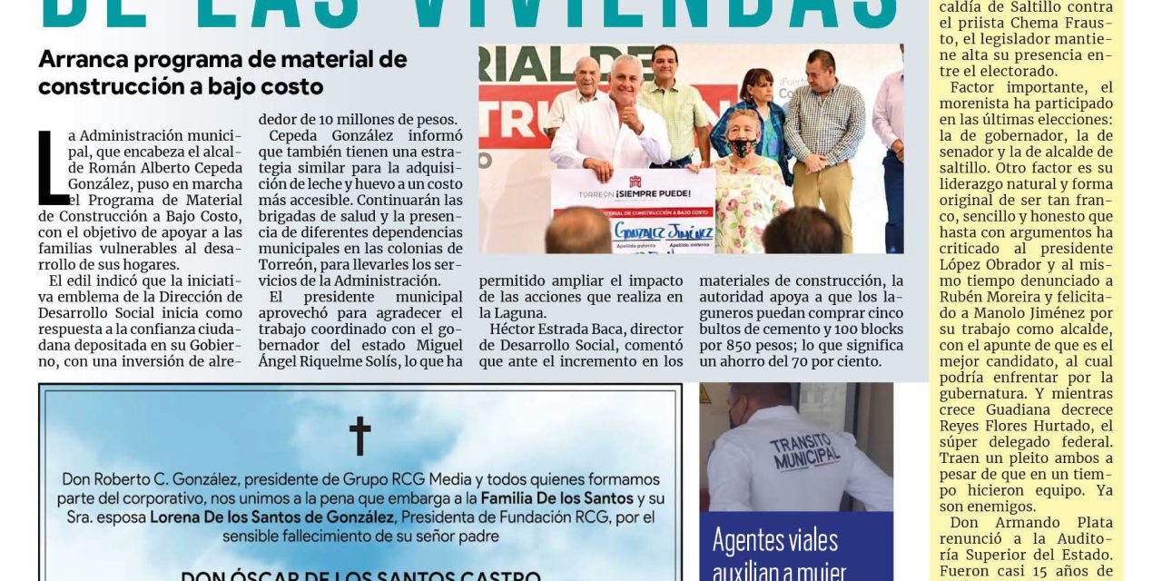 Portada Región Lagunera [04 de agosto de 2022] Mejoran condiciones de las viviendas en Torreón y más…