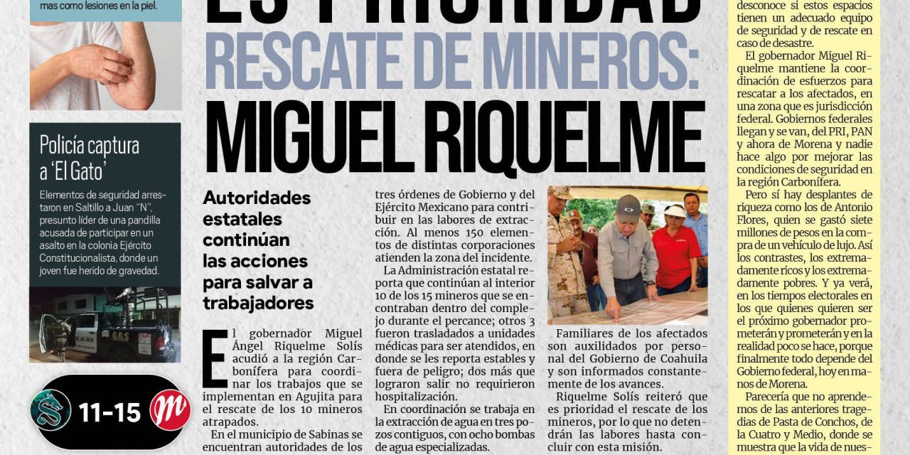 Portada RCG MEDIA [05 de agosto de 2022] Es prioridad rescate de mineros: MARS; Inaugura Chema Fraustro Juegos Municipales y más…