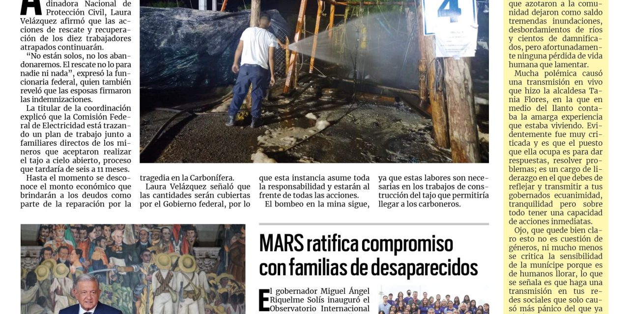 Portada Región Centro [2 de septiembre de 2022] Rescate en mina «El Pinabete» no se detiene; y más…