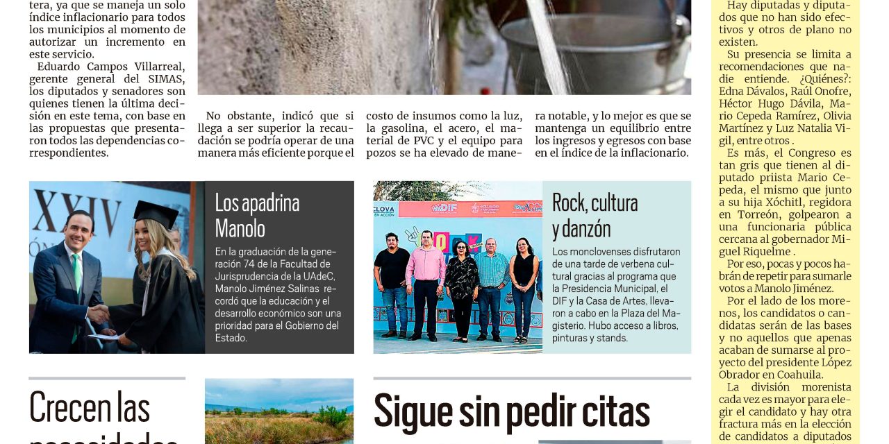 Portada Región Centro [26 de septiembre de 2022] Subiría 5% precio del agua en Monclova; Sigue sin citas y más…