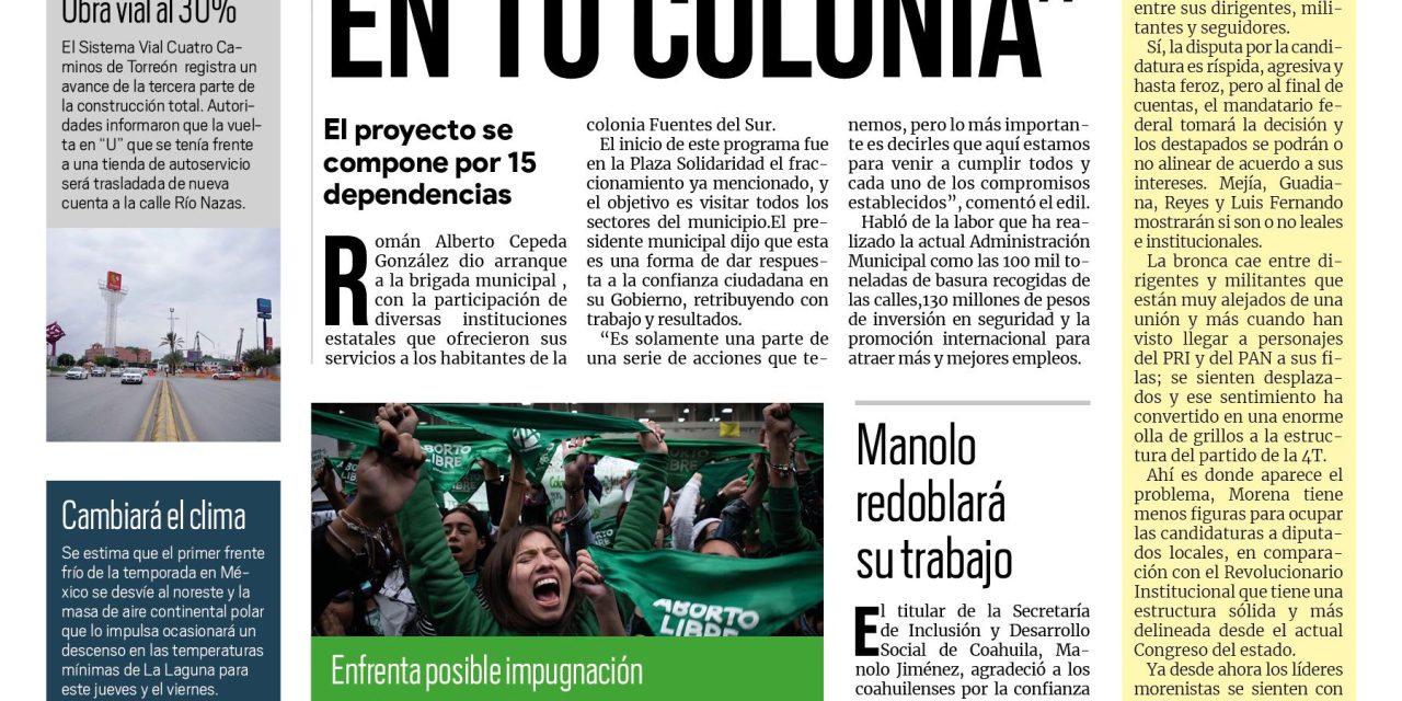 Portada Región Lagunera [29 de septiembre de 2022] Inicia en Torreón «El Alcalde en tu Colonia»; Respalda Román Cepeda actividades de lectura; y más…