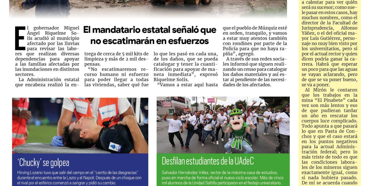 Portada RCG MEDIA [4 de septiembre de 2022] Estaremos en Múzquiz hasta que esté en orden: MARS; Chema Fraustro atiende a la juventud en Saltillo; y más…