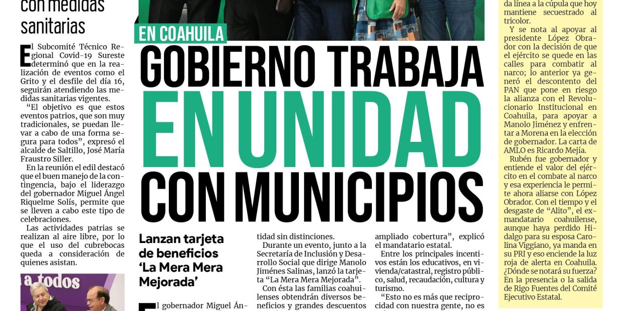 Portada RCG MEDIA [7 de septiembre de 2022] Gobierno de Coahuila trabaja en unidad con municipios; Destaca Chema Fraustro unión de policías y ciudadanos; y más…