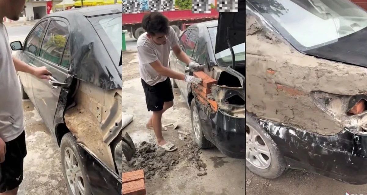 El hombre que repara los autos con tabiques y mezcla que se hizo viral en internet
