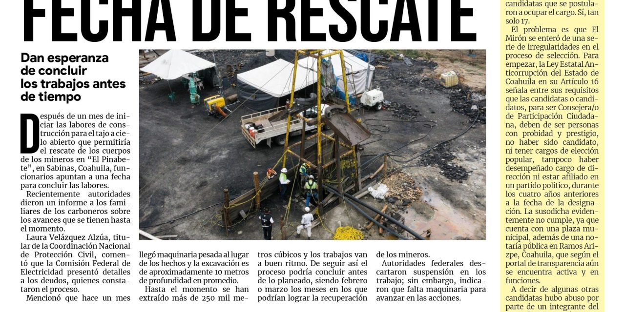 Portada Región Carbonífera [7 de octubre de 2022] Autoridades tendrían fecha de rescate en mina ‘El Pinabete’; Por daños, falta respuesta del Infonavit; y más…