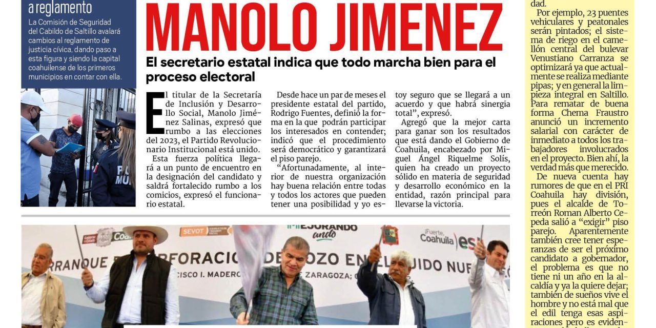 Portada RCG MEDIA [8 de octubre de 2022] Existe unidad y armonía en el PRI: Manolo Jiménez; MARS arranca y entrega obras por 18 mdp en la Laguna; y más…