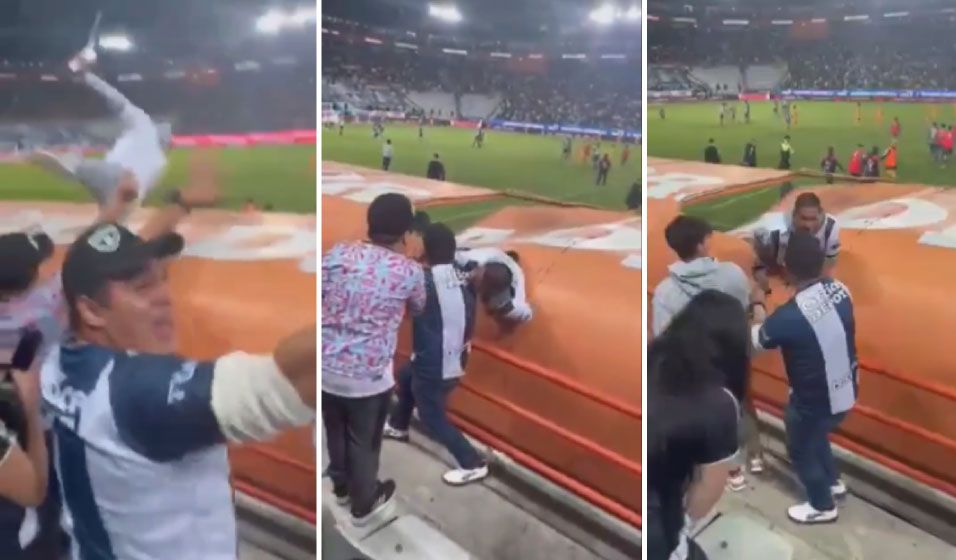 ¡Qué ‘lanzado’! Aficionado del Pachuca se avienta por la emoción a la banca y cae sobre jugadores (video)