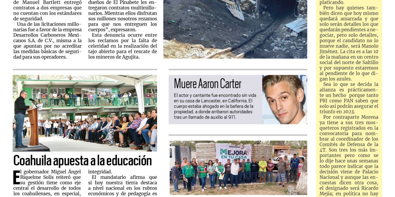 Portada Región Carbonífera [6 de noviembre de 2022] Apoyan a minas inseguras en la Carbonífera; Coahuila apuesta a la educación y más…
