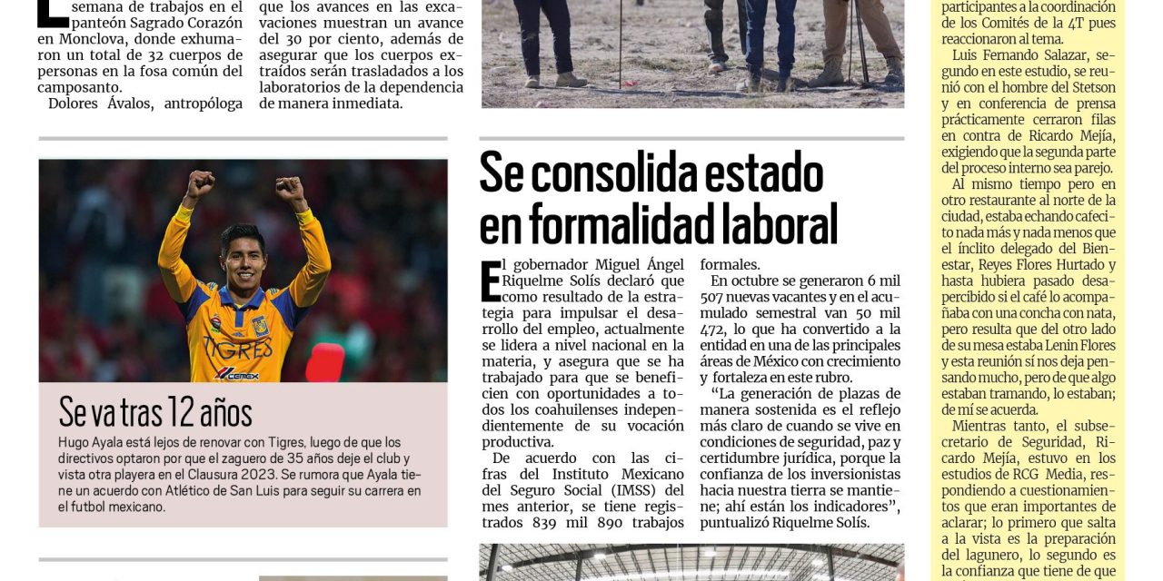 Portada Región Centro [19 de noviembre de 2022] Exhuman 32 cuerpos de del panteón Sagrado Corazón; Se consolida estado en formalidad laboral y más…