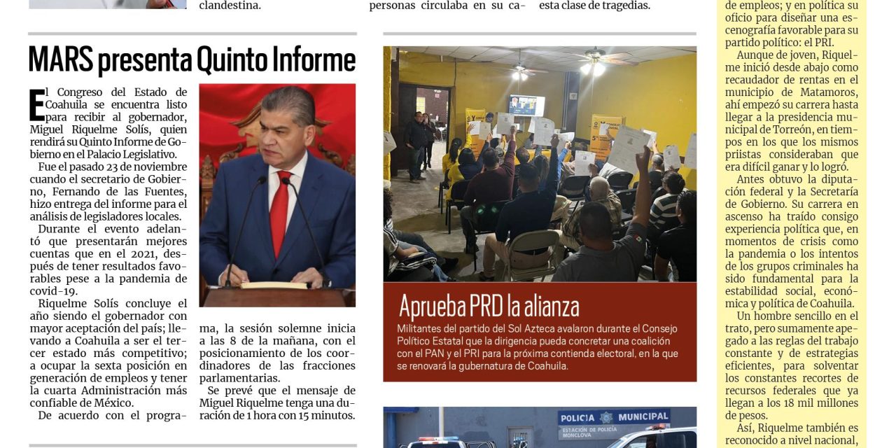 Portada Región Centro [30 de noviembre de 2022] Exigen a Mario Dávila investigar venta clandestina de alcohol; CRIH Coahuila concluye toma de muestras  y más…