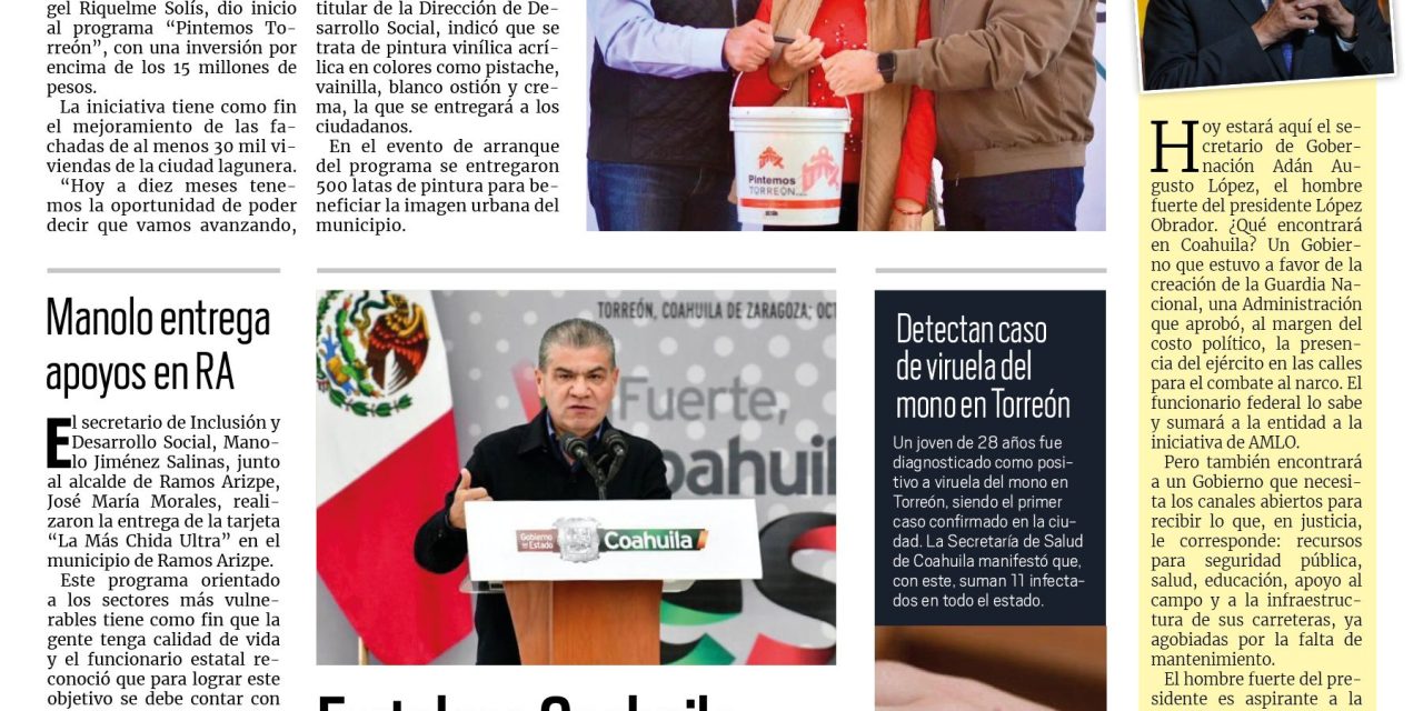 Portada Región Lagunera [1 de noviembre de 2022] Alcalde y gobernador mejoran fachadas; Presentan en Torreón plataforma de atracción y más…