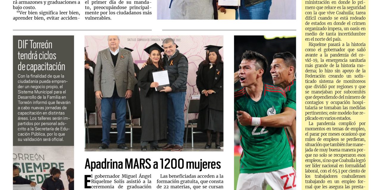 Portada Región Lagunera [26 de noviembre de 2022] Inician programa de atención de problemas visuales; Apadrina MARS a 1200 mujeres y más…