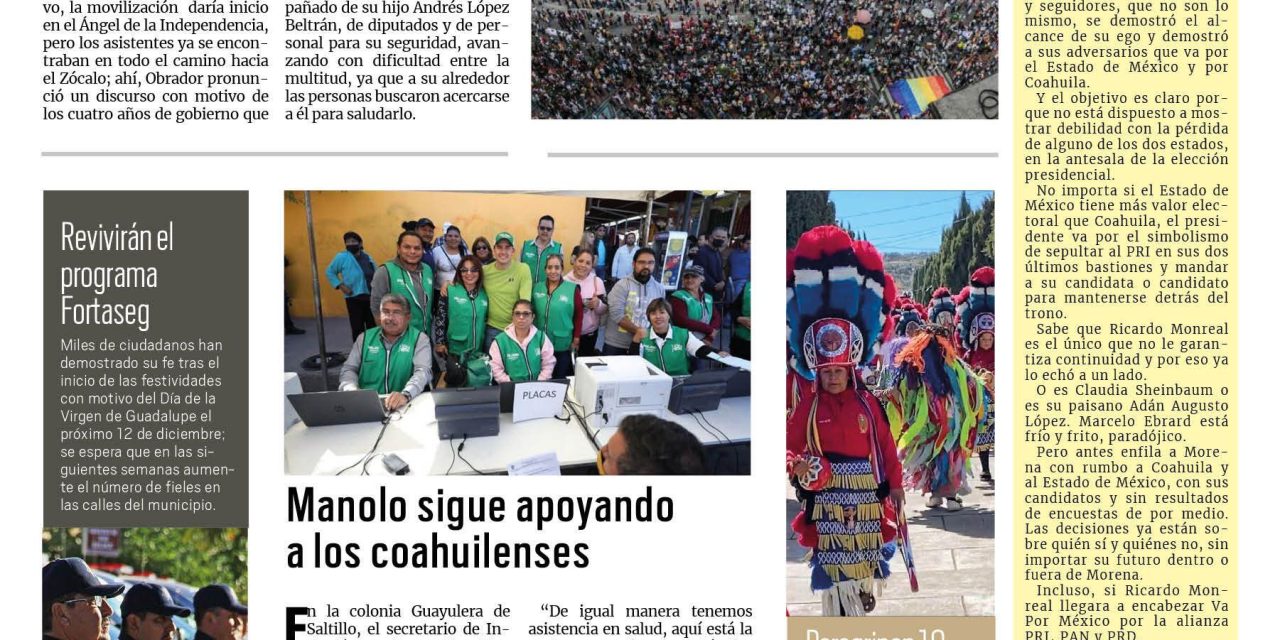 Portada Región Lagunera[28 de noviembre de 2022] Marchan simpatizantes con AMLO en la CDMX; brindan trato digno a infractores detenidos y más…
