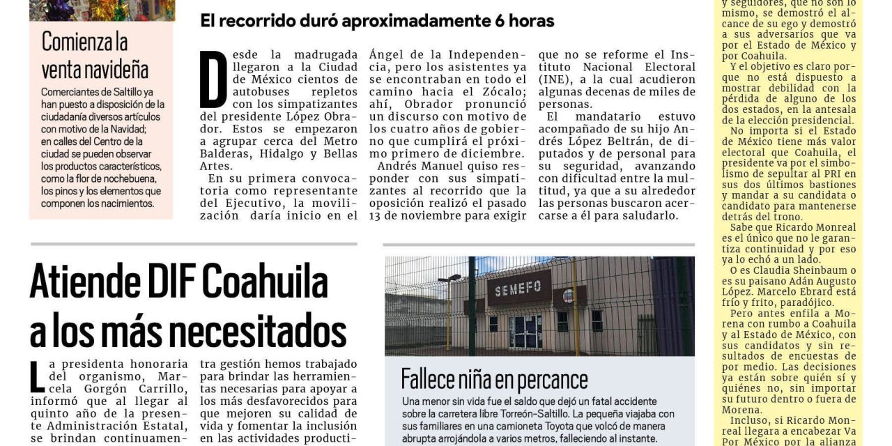 Portada RCG Media[28 de noviembre de 2022] Marchan simpatizantes con AMLO en la CDMX; Atiende DIF Coahuila a los más necesitados y más…