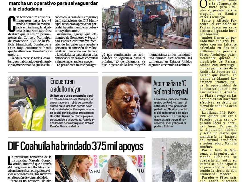Portada Región Carbonífera [26 de diciembre de 2022] Frente frío trae heladas a Sabinas; Priorizan bienestar social y desarrollo y más…