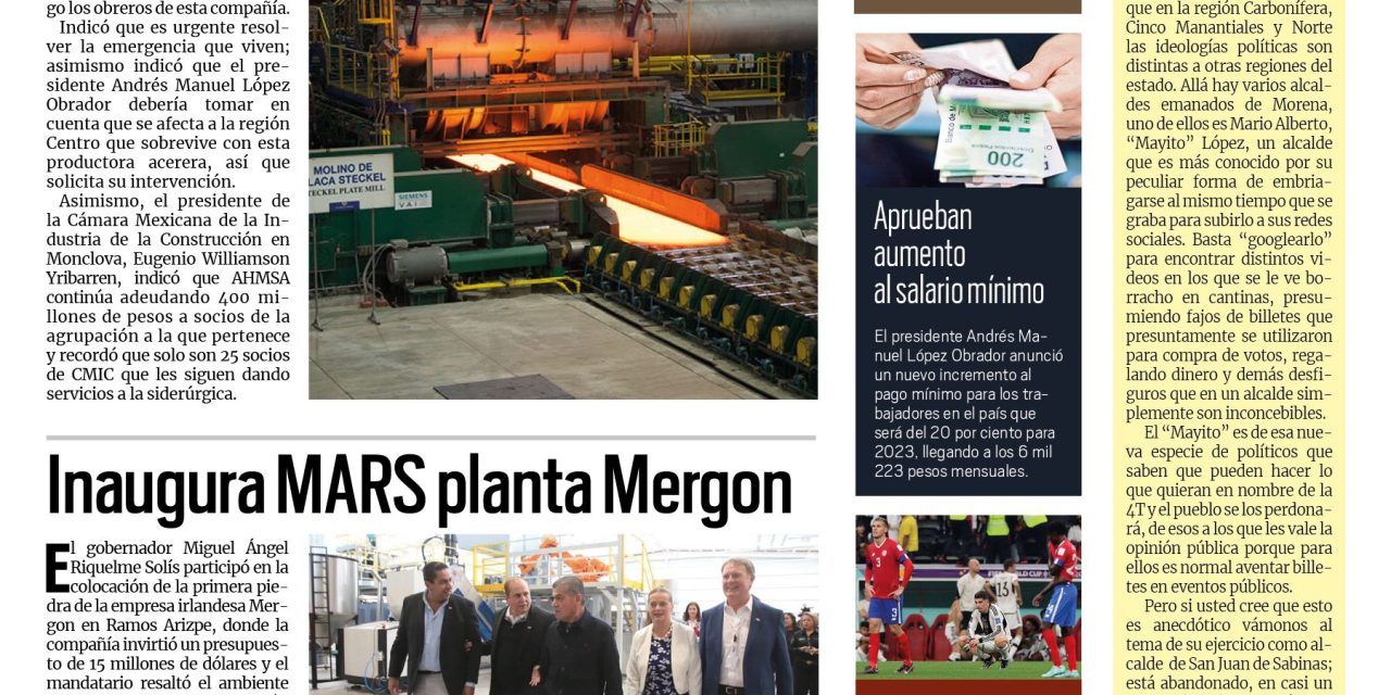 Portada Región Centro [2 de diciembre de 2022] Piden tomar acciones con AHMSA; Inaugura MARS planta Mergon y más…
