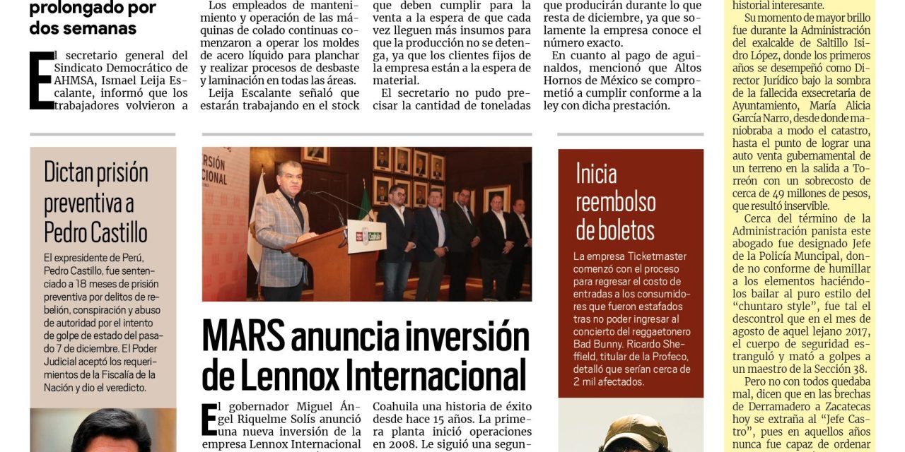 Portada Region Centro [16 de diciembre de 2022] Encienden los hornos, reactivan producción en AHMSA; Subirán tarifas de agua en Monclova; y más…