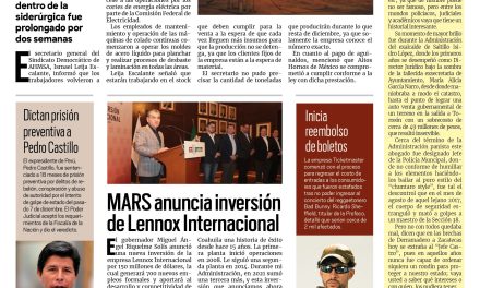 Portada Region Centro [16 de diciembre de 2022] Encienden los hornos, reactivan producción en AHMSA; Subirán tarifas de agua en Monclova; y más…