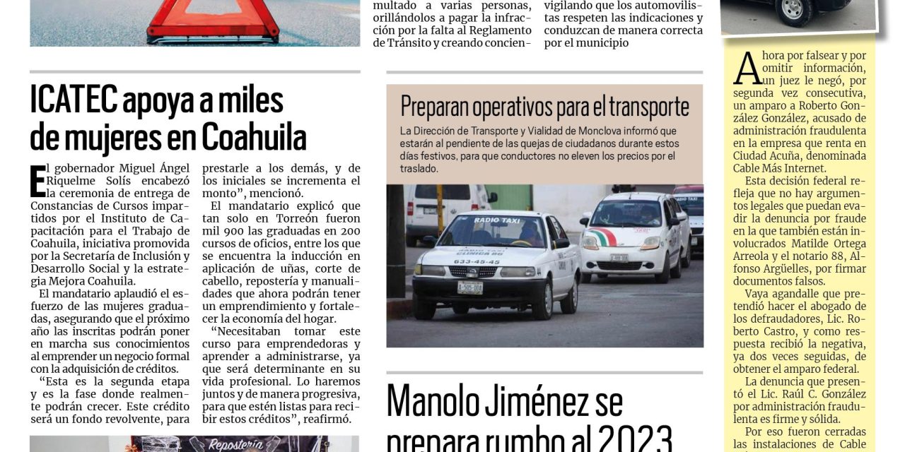 Portada Región Centro [23 de diciembre de 2022] Accidentes viales disminuyen en Monclova; restablece empresa servicio a AHMSA  y más…