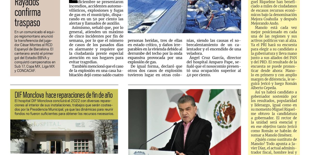 Portada Región Centro[27 de diciembre de 2022] Monclova vive accidentada Navidad; a prisión presuntos asesinos de joven  y más…