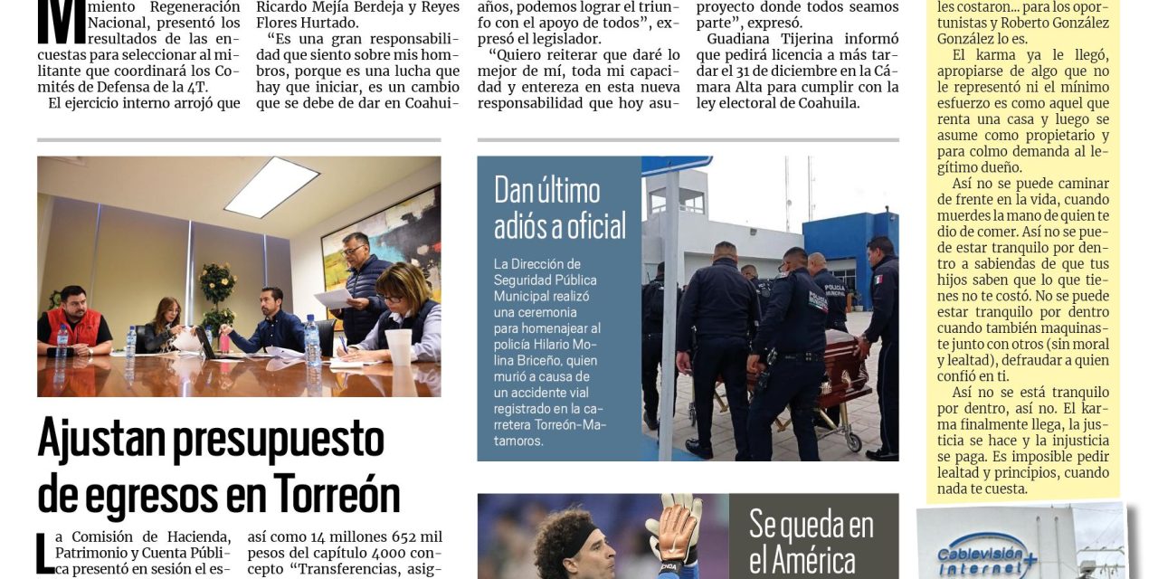 Portada Región Lagunera[13 de diciembre de 2022] Guadiana será coordinador de comités; Torreón atiende a la juventud y más…