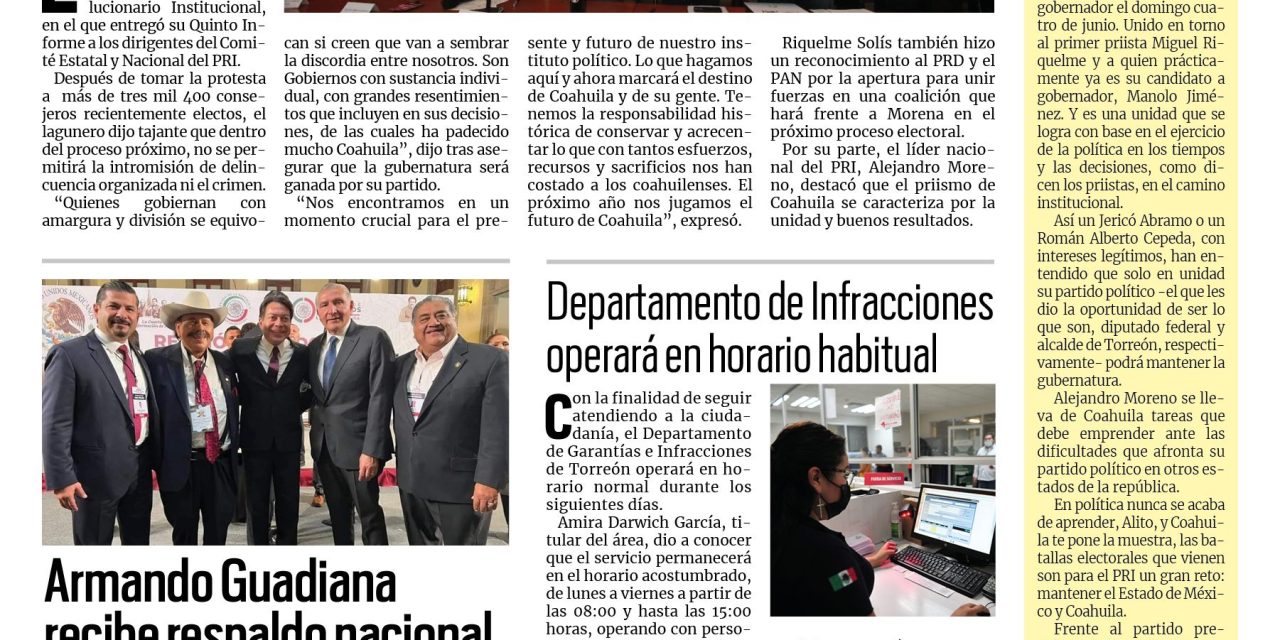 Portada Región Lagunera [22 de diciembre de 2022] Se toparán con pared en Coahuila: MARS; departamento de Infracciones operará en horario habitual  y más…